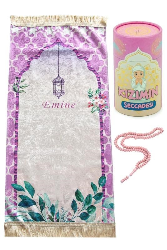 İsme Özel Nakışlı Kız Çocuk Seccadesi Seti Silindir Kutulu Tesbihli Pembe