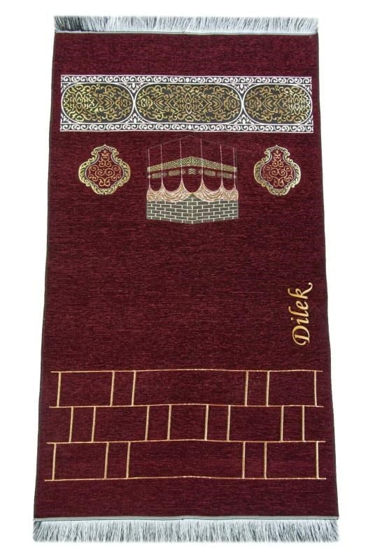 Kabe Motifli Şönil Nakış İşlemeli İsimli Seccade - Bordo