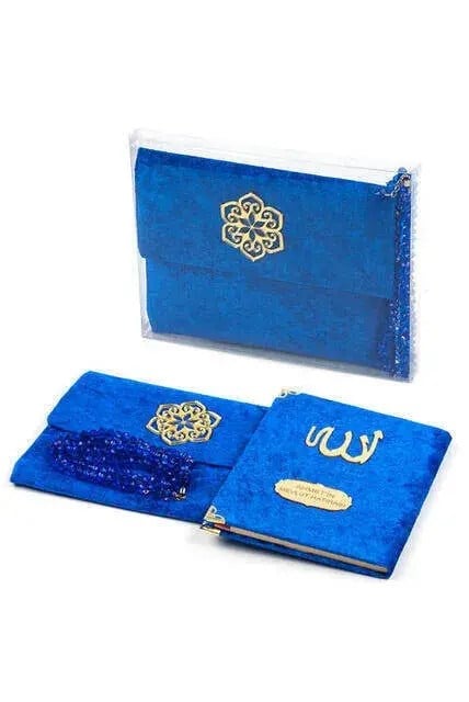 Kadife Kaplı Yasin Kitabı - Çanta Boy - İsme Özel Plakalı - Tesbihli - Keseli - Kutulu - Lacivert Renk - Mevlit Hediyeliği