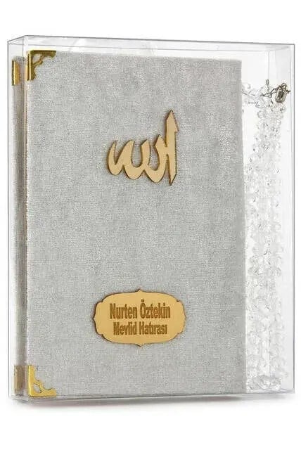 Kadife Kaplı Yasin Kitabı - Çanta Boy - İsim Baskılı Plaka - Tesbihli - Şeffaf Kutulu - Krem - Hediyelik Yasin Seti