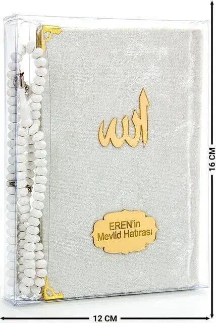 Kadife Kaplı Yasin Kitabı - Çanta Boy - İsim Baskılı Plaka - Tesbihli - Şeffaf Kutulu - Krem - Hediyelik Yasin Seti (2)