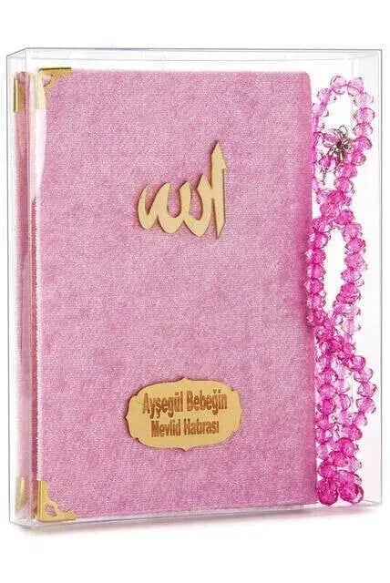 Kadife Kaplı Yasin Kitabı - Cep Boy - İsme Özel Plakalı - Tesbihli - Kutulu - Pembe - Mevlüt Hediyeliği