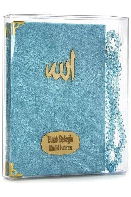 Kadife Kaplı Yasin Kitabı - Cep Boy - İsme Özel Plakalı - Tesbihli - Kutulu - Mavi - Mevlüt Hediyeliği