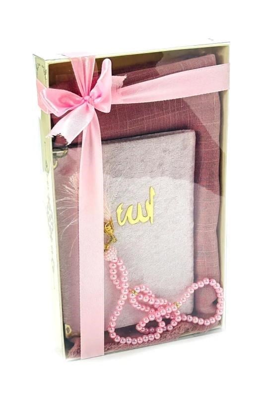 Kadife Kaplı Yasinli Örtülü 3lü set Pembe