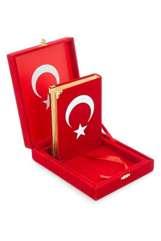 Kadife Kutulu Kuran-ı Kerim (Çanta Boy, Ayyıldız, Kırmızı)