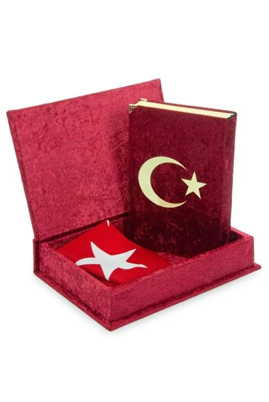 Kadife Sandıklı Türkiye Bayraklı Ay Yıldızlı Kuranı Kerim Seti