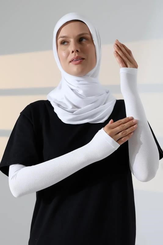 Kadın Avuç İçi Uzun Penye Tesettür Kolluk Beyaz
