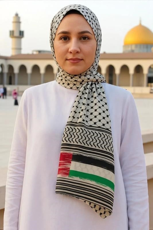 Kadın Erkek Kefiye Filistin Bayraklı Pamuklu Siyah Beyaz Puşi Şal