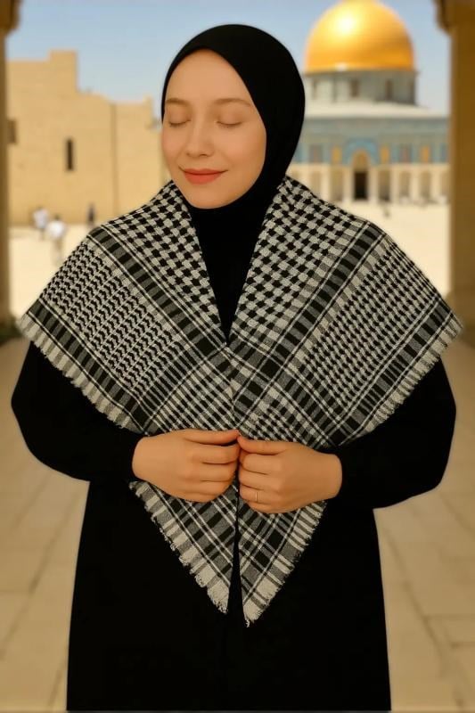 Kadın Erkek Kefiye Kare Desenli Pamuklu Filistin Puşi Şal - Siyah Beyaz