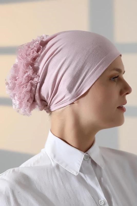 Kadın Fırfırlı Güpürlü Tesettür Topuz Bone - Pembe