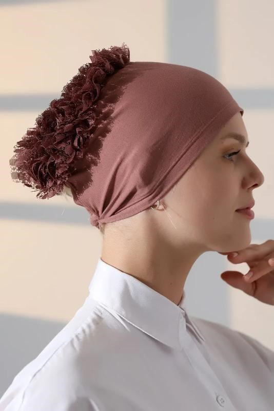 Kadın Fırfırlı Güpürlü Tesettür Topuz Bone - Gül Kurusu
