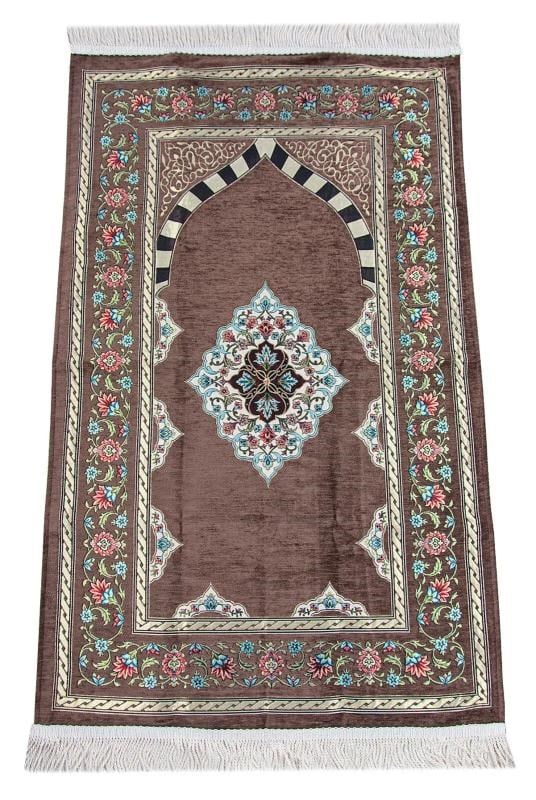 Kahverengi Çiçek Motifli Mihraplı Astarlı Şönil Seccade
