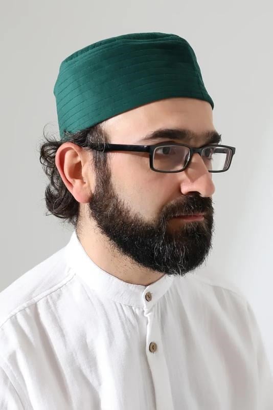 Kapitone Yıldız Desenli Kadife Kalıp Namaz Takkesi Yeşil