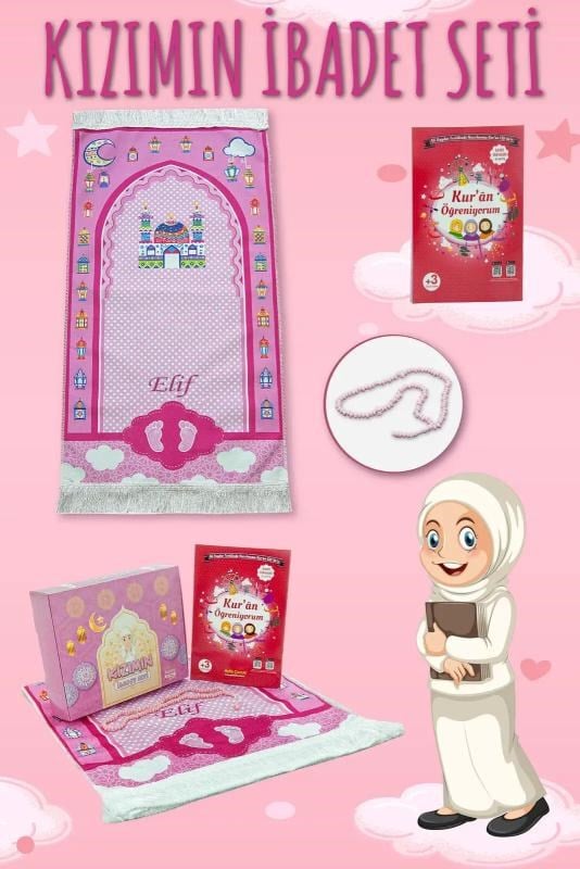 Kızımın İbadet Seti  Kız Çocuk İsimli Seccade, Kuran Öğreniyorum Elifba Kitabı Seti Pembe