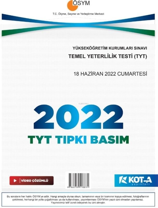 Kota 2022 TYT Çıkmış Sorular (Tıpkı Basım-Kapaksız Fasikül)