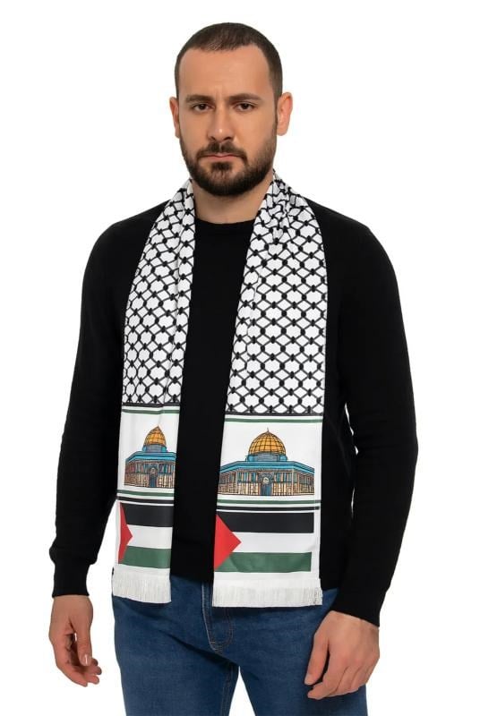 Kudüs Temalı Filistin Desenli Saten Atkı - Beyaz