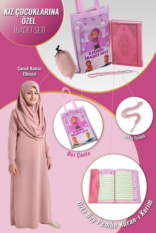 Kuran Kursları İçin Çantalı Kız Çocuk Namaz Elbisesi, Kuranı Kerim, Tesbih İbadet Seti Pembe