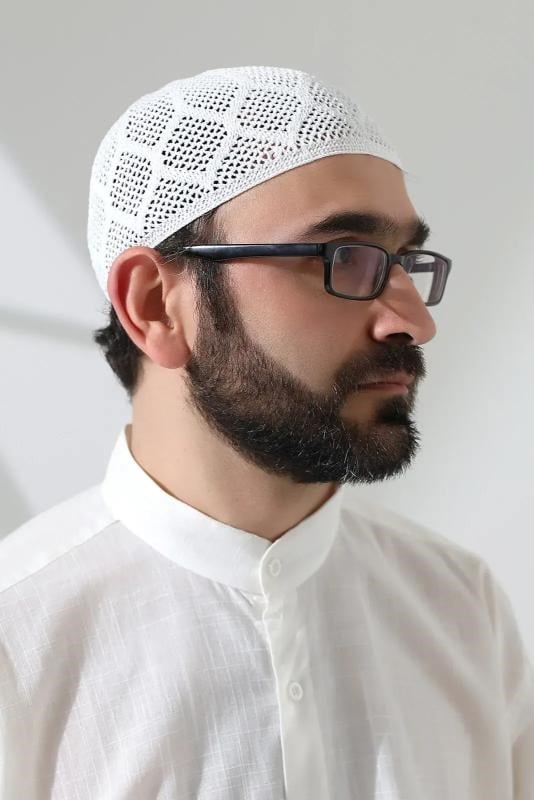 Makine Örgüsü Dantel Detaylı Namaz Takkesi Beyaz