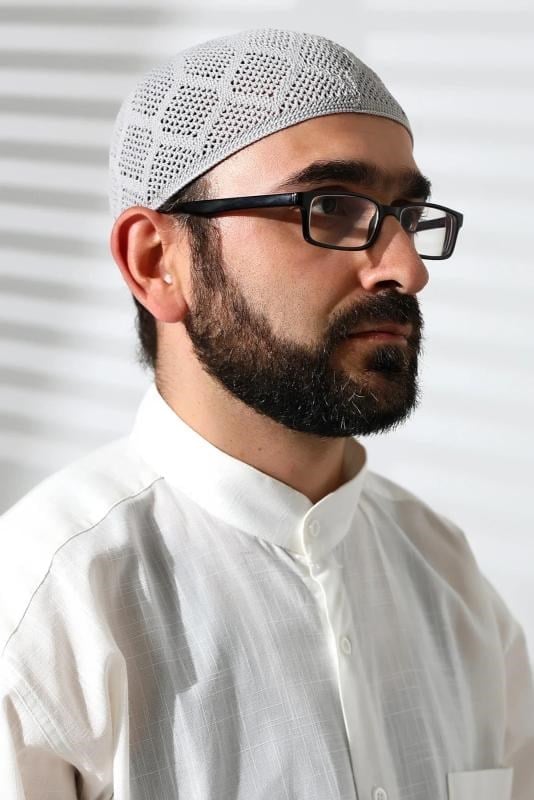 Makine Örgüsü Dantel Detaylı Namaz Takkesi Gri