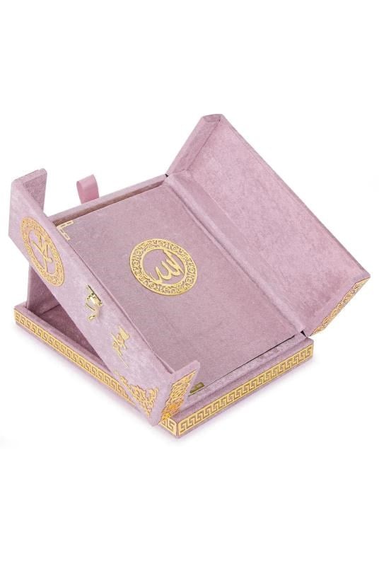Masa Üstü Çift Kapaklı Kadife Kaplı Sandıklı Kuran Seti - Pembe