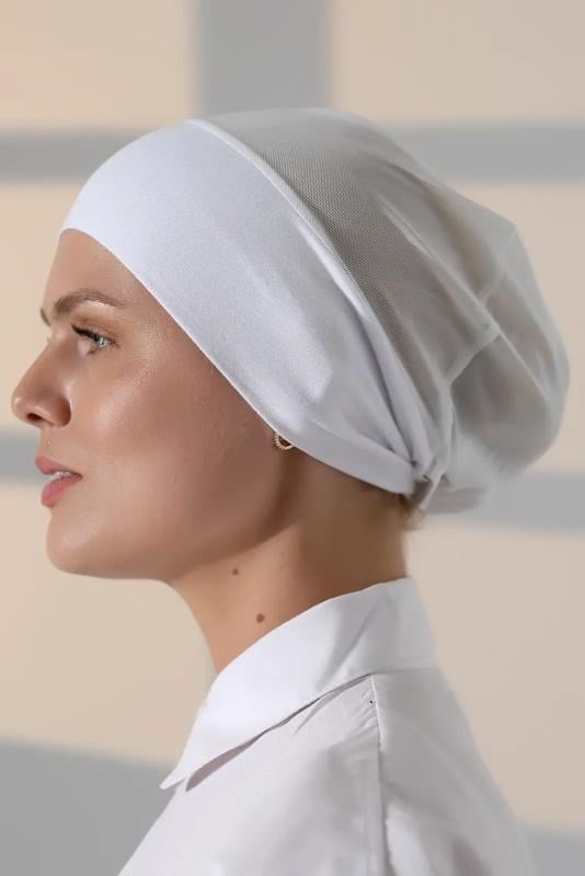 Nefes Alabilen Tüllü Dikişsiz Likralı Viskon Kadın Tesettür Bone Beyaz