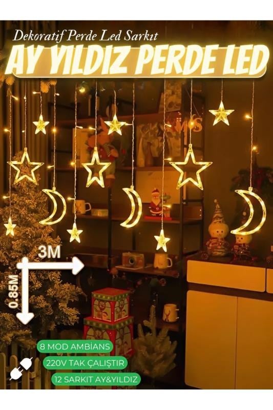 nextbuy Ay Yıldız Perde Led 8 Mod Saçaklı Perde Pencere Balkon Duvar Işık Dekoratif Peri Lamba Led Işığı