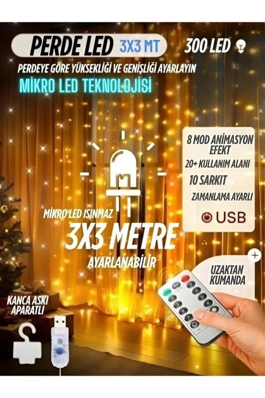 nextbuy Perde Led Işıkları Süsleme Usb Uzaktan Kumanda 8 Mod Işık Zinciri 10 Saçaklı Kanca Aparatlı