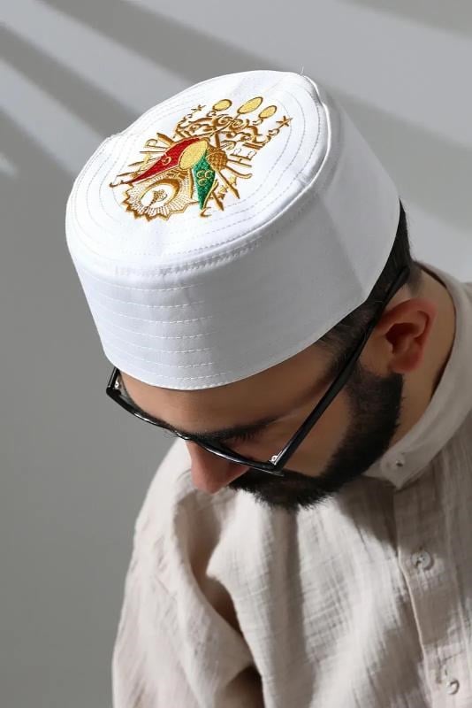 Osmanlı Arma Desenli Kalıp Kumaş Takke Beyaz