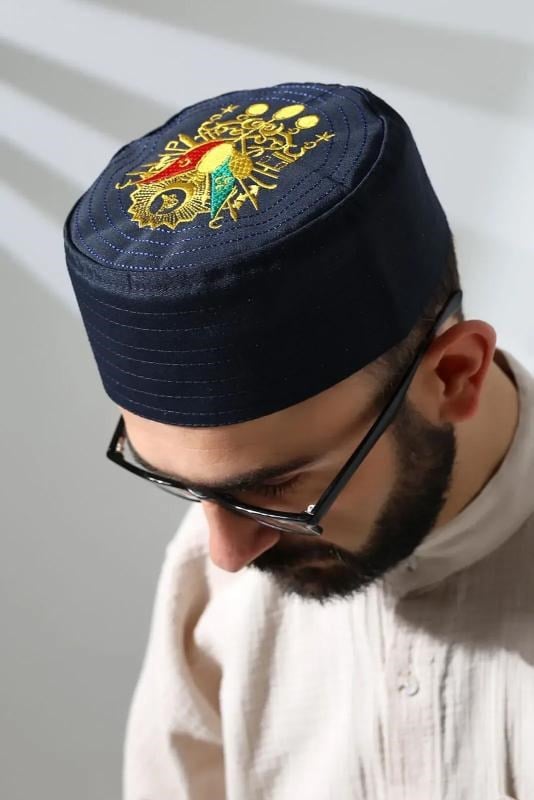Osmanlı Arma Desenli Kalıp Kumaş Takke Lacivert