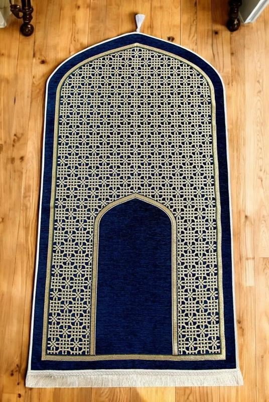 Oval Mihrap Desenli Püsküllü Lüks Şönil Seccade Lacivert