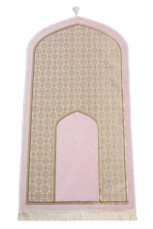 Oval Mihrap Desenli Püsküllü Lüks Şönil Seccade Pembe
