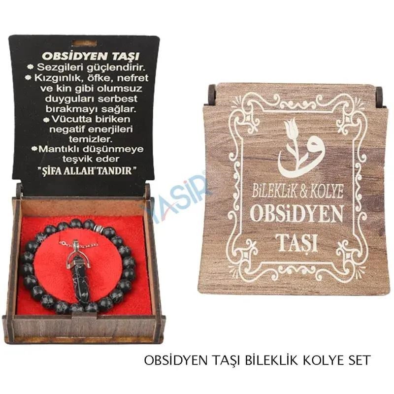 Özel Ahşap Kutulu Obsidyen Taşı Kolye Bileklik Seti