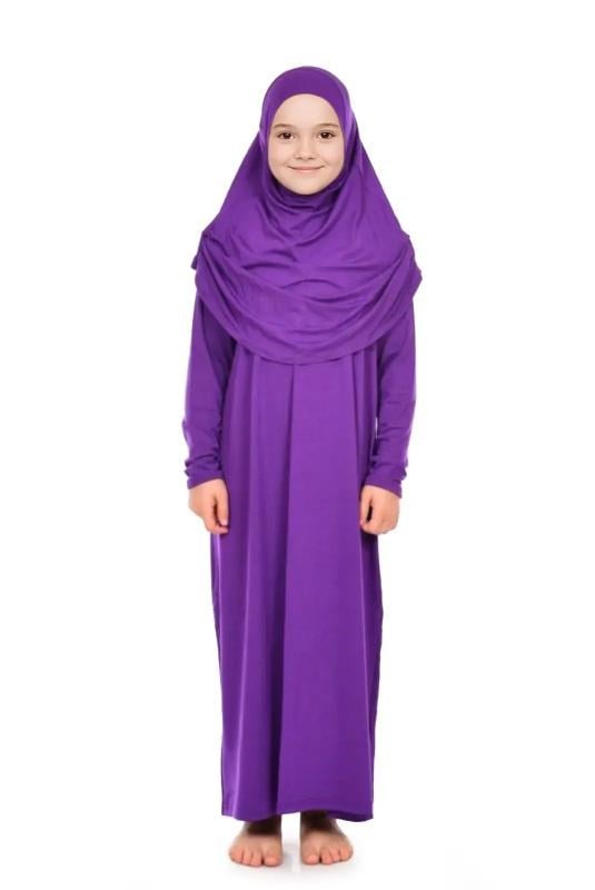 Pratik Başörtülü Tek Parça Kız Çocuk Namaz Elbisesi 9-11 Yaş Mor