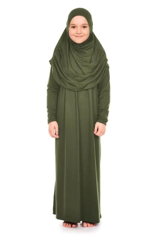 Pratik Başörtülü Tek Parça Kız Çocuk Namaz Elbisesi 9-11 Yaş Haki