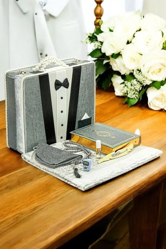 Sandıklı Damat Bohçasına Uygun Kuranı Kerim Seti Çeyizlik Seccade Seti Gri