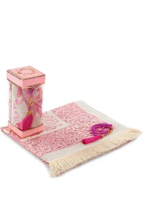 Seccadeli İnci Tesbihli Pencereli Kutulu Set Pembe Renk