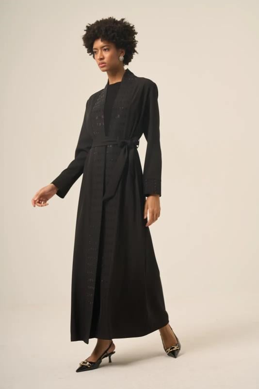 Si̇yah İki̇ Parça Kare Taşlı Seyyar Kemerli̇ Abaya - 6508-25 Siyah