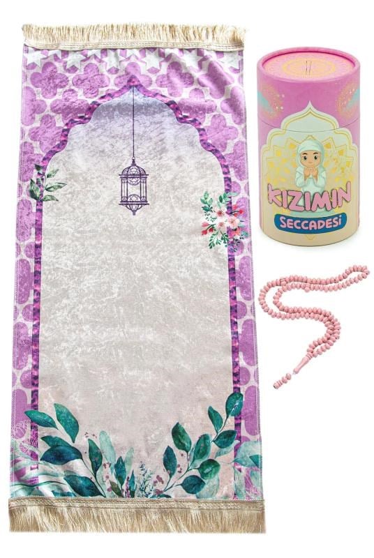 Silindir Kutulu Tesbihli Dijital Baskılı Kız Çocuk Seccadesi Seti Pembe