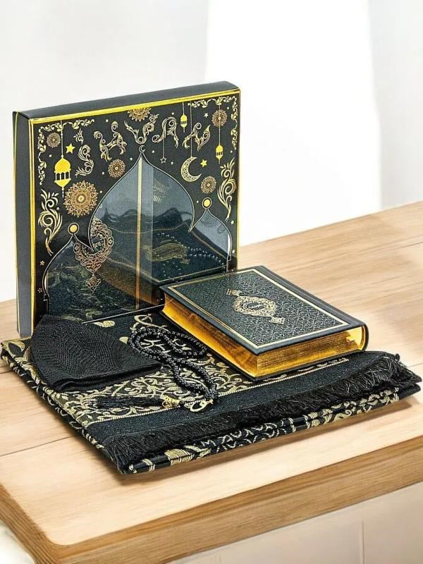 Siyah Çeyizlik Damat Bohçasına Uygun Termo Deri Kuranı Kerim Hediyelik Seccade Seti