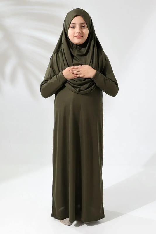 Tek Parça Pratik Başörtülü Çocuk Namaz Elbisesi Haki