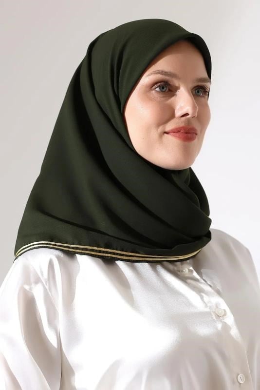 Tesettür Biyeli Bürümcük Düz Şifon Eşarp - Haki Yeşil