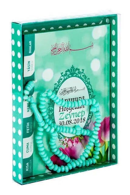 Yasin Kitabı - Çanta Boy - 80 Sayfa - İsim Etiketli - Karton Kutulu - Tesbihli - Yeşil Renk - Mevlid Hediyeliği