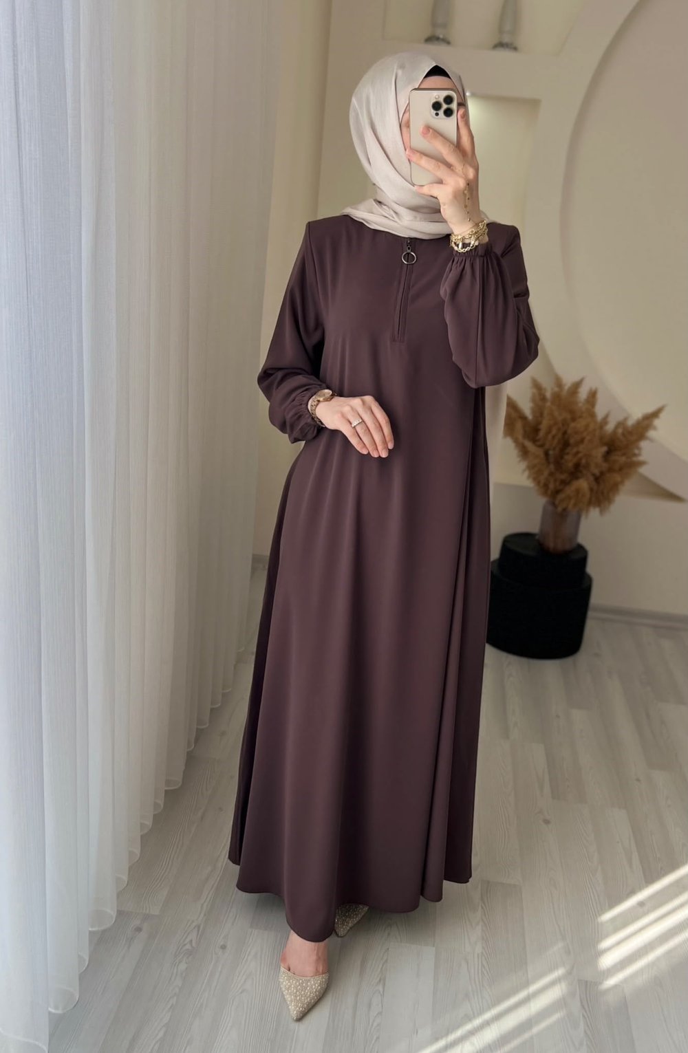 BUĞLEM YARIM FERMUAR ELBİSE PLUM