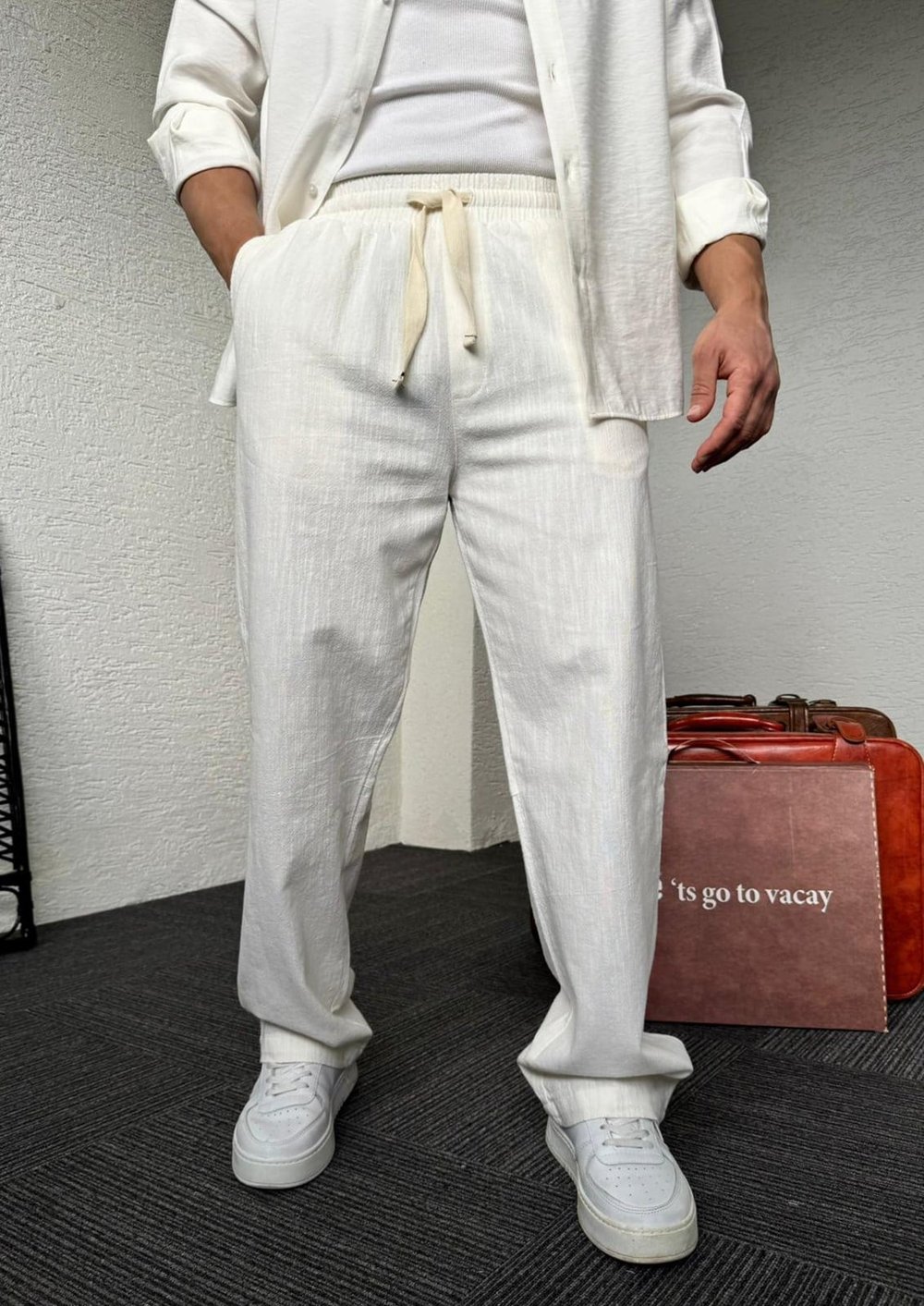 Beyaz GG Nakış Baskı Keten Baggy Pantolon