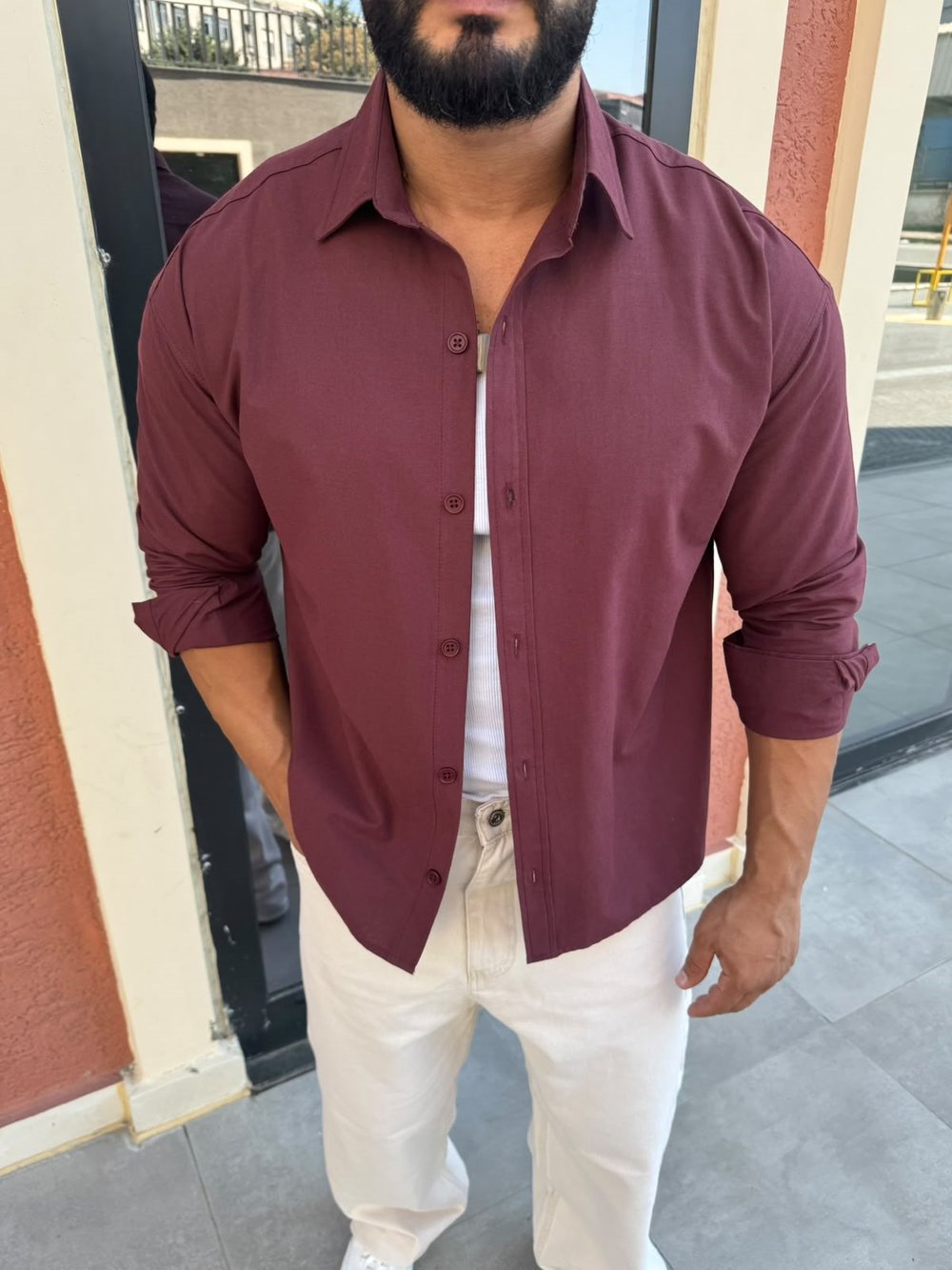 Bordo Basic Crop Uzun Kol Gömlek