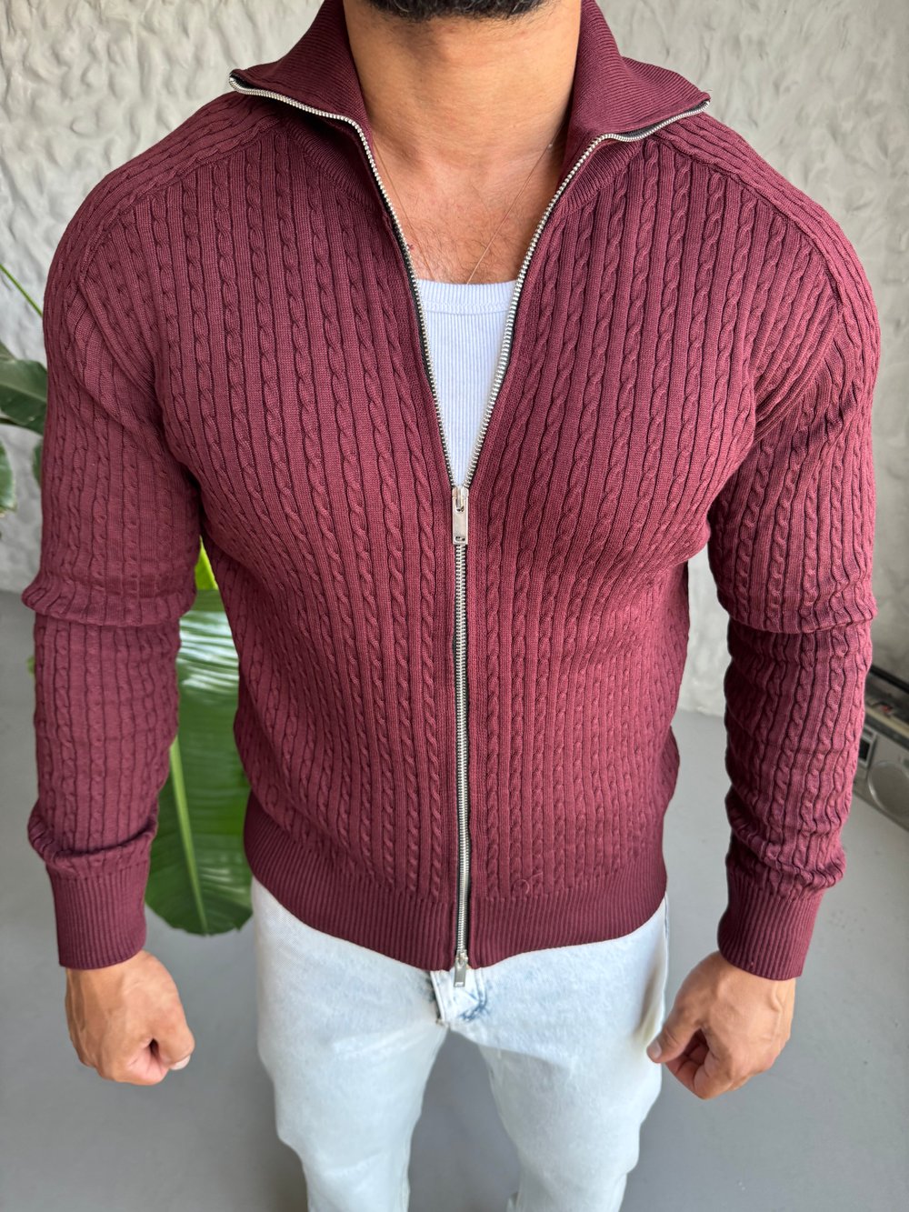 Bordo Örgü Detay Hırka Modeli