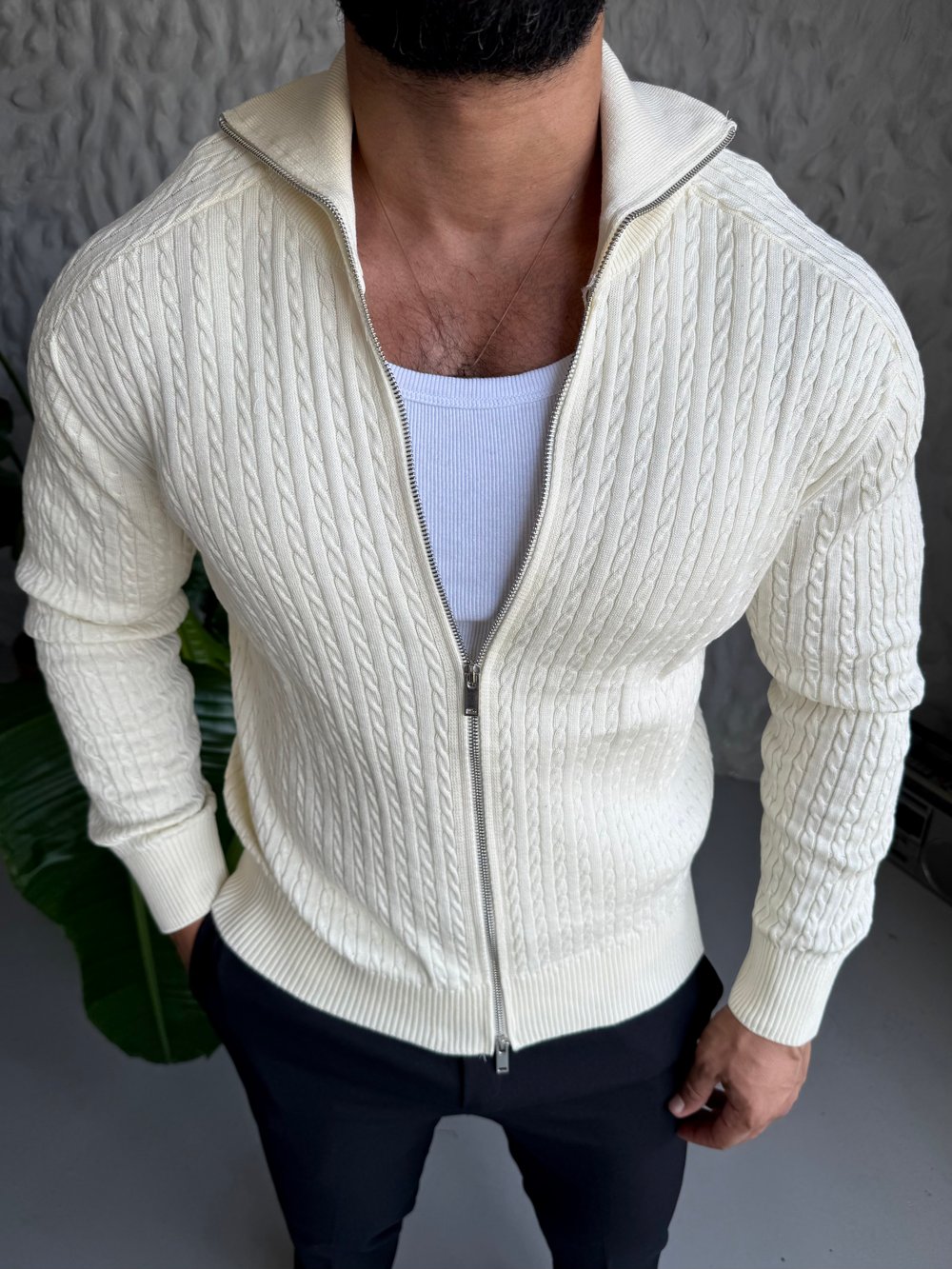 Ekru Örgü Detay Hırka Modeli