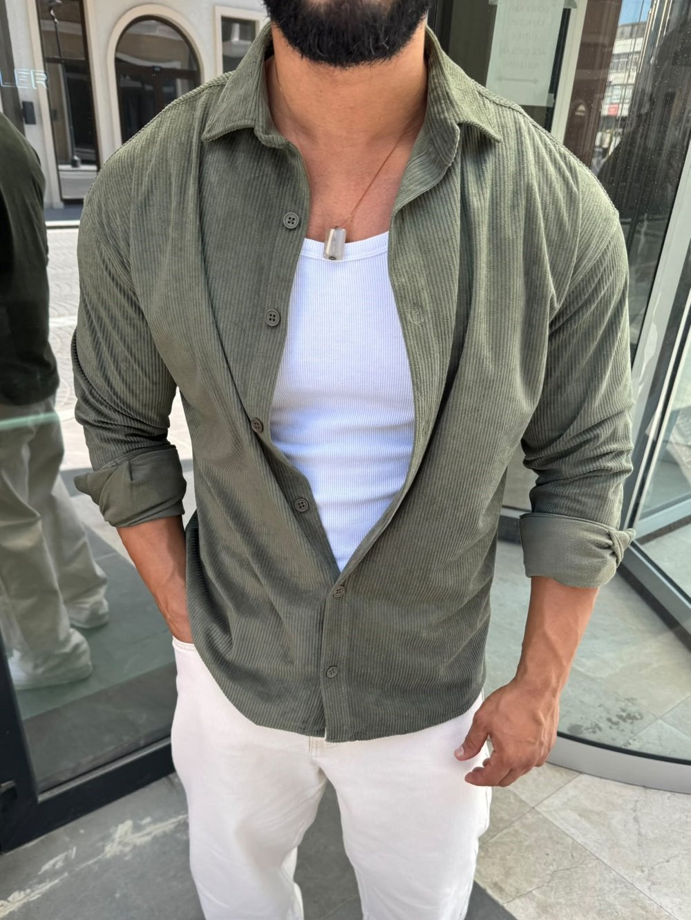 Haki Kadife Gömlek Modeli