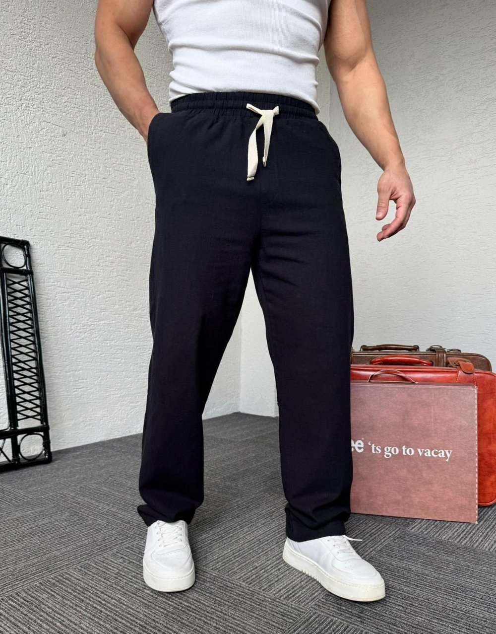 Siyah GG Nakış Baskı Keten Baggy Pantolon