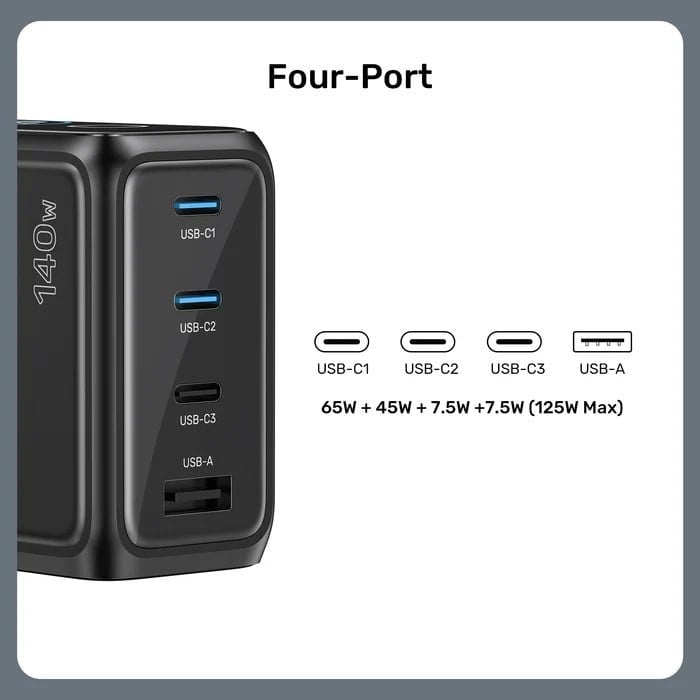UNITEK REXO 140W 4 PORTLU AKILLI EKRANLI GAN SARJ CİHAZI  (P1132ABK01-EU)